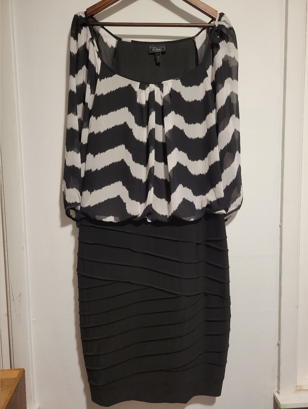 dressbarn Black and White Patterned Blouson Pencil Dress, 20